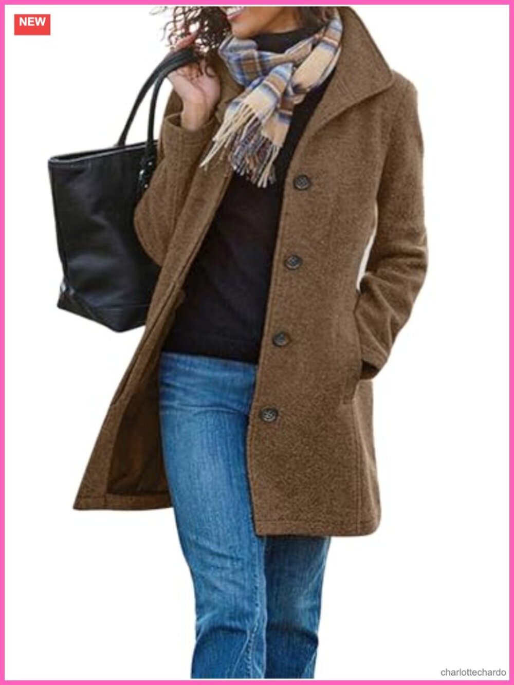 Wool Blend Pea Coat Stand Collar Single Breasted Midi Winter